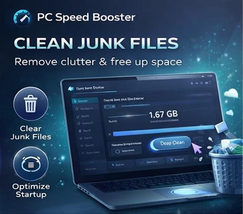May include: A laptop screen displays a PC Speed Booster interface with the text "CLEAN JUNK FILES". The interface shows options to clear junk files and optimize startup, with a "Deep Clean" button and a trash can icon.