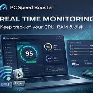 May include: A laptop displaying a PC Speed Booster interface with real-time monitoring of CPU, RAM, and disk usage. The screen shows performance metrics, graphs, and a large '95' percentage. Additional icons and text are visible.