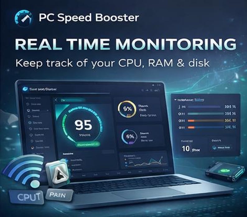 May include: A laptop displaying a PC Speed Booster interface with real-time monitoring of CPU, RAM, and disk usage. The screen shows performance metrics, graphs, and a large '95' percentage. Additional icons and text are visible.