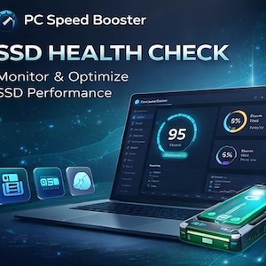 May include: A laptop displaying a PC Speed Booster interface with SSD health check information. The screen shows performance metrics and a connected device. The image includes the text "Monitor & Optimize SSD Performance".