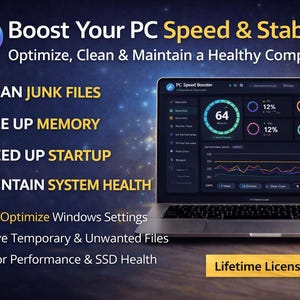 Puede incluir: Una computadora portátil muestra la interfaz "PC Speed Booster", mostrando métricas de rendimiento. El texto destaca funciones como la limpieza de archivos basura, la liberación de memoria y la optimización de la configuración de Windows. La imagen promueve la velocidad y estabilidad de la PC.