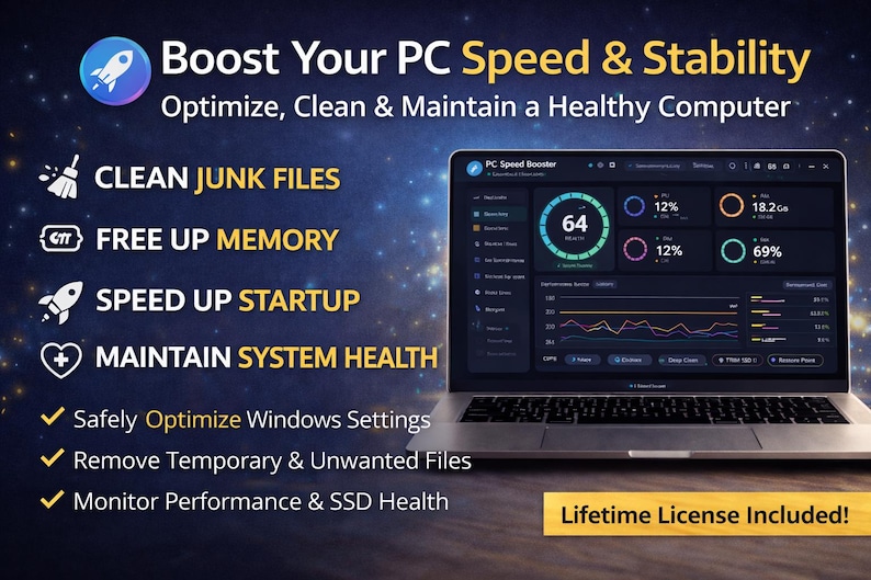 May include: A laptop displays the "PC Speed Booster" interface, showcasing performance metrics. Text highlights features like cleaning junk files, freeing up memory, and optimizing Windows settings. The image promotes PC speed and stability.