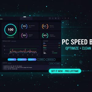 May include: A dark blue interface for PC Speed Booster software. The dashboard displays performance metrics with circular gauges, graphs, and percentages. The text "PC Speed Booster" is displayed with the words "Optimize, Clean, Accelerate".
