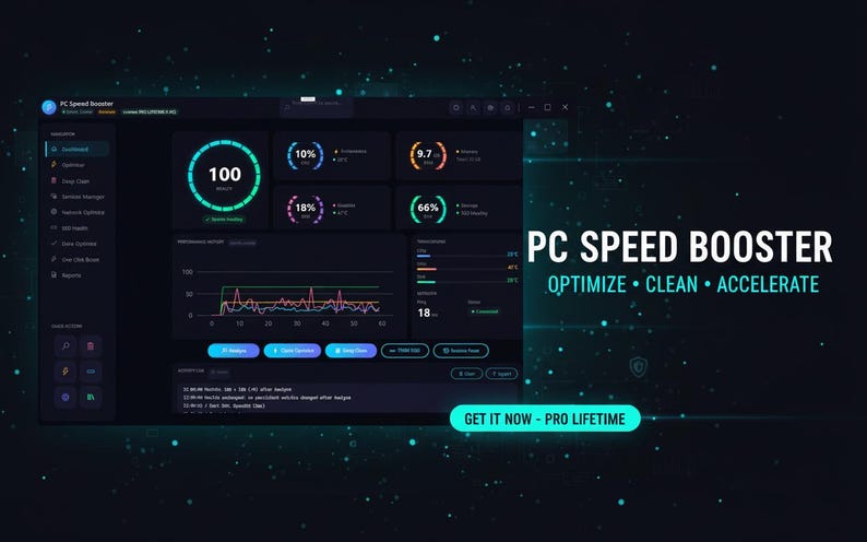 May include: A dark blue interface for PC Speed Booster software. The dashboard displays performance metrics with circular gauges, graphs, and percentages. The text "PC Speed Booster" is displayed with the words "Optimize, Clean, Accelerate".