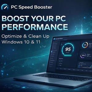 May include: A laptop displaying the PC Speed Booster interface. The screen shows a performance dashboard with a large '95' indicator and other performance metrics. Text on the screen reads 'BOOST YOUR PC PERFORMANCE' and 'Optimize & Clean Up Windows 10 & 11'.