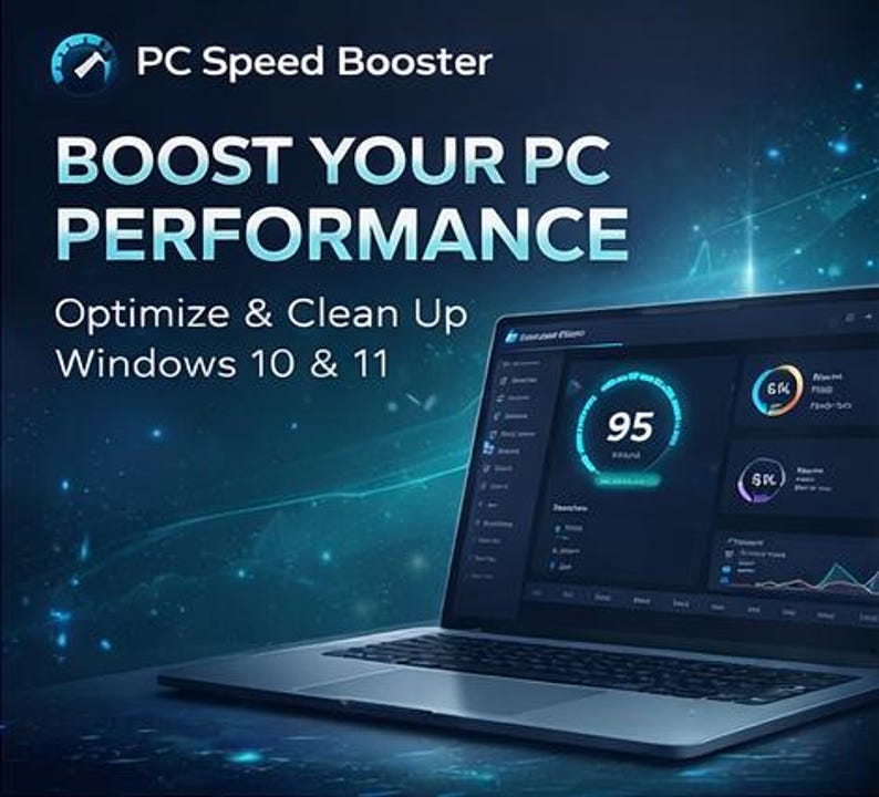May include: A laptop displaying the PC Speed Booster interface. The screen shows a performance dashboard with a large '95' indicator and other performance metrics. Text on the screen reads 'BOOST YOUR PC PERFORMANCE' and 'Optimize & Clean Up Windows 10 & 11'.