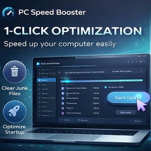 May include: A laptop screen displays the PC Speed Booster interface, with the text "1-CLICK OPTIMIZATION" and "Speed up your computer easily." Icons for "Clear Junk Files" and "Optimize Startup" are visible. The interface has a blue and white color scheme.