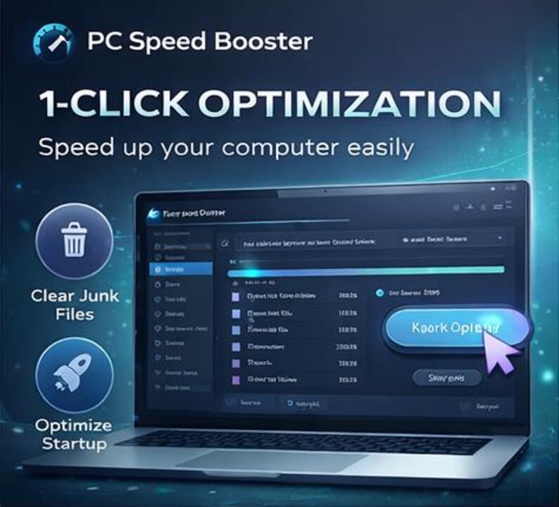May include: A laptop screen displays the PC Speed Booster interface, with the text "1-CLICK OPTIMIZATION" and "Speed up your computer easily." Icons for "Clear Junk Files" and "Optimize Startup" are visible. The interface has a blue and white color scheme.