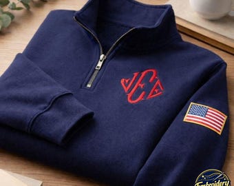 Embroidered Quarter Zip Fleece Pullover, Custom Monogram, USA Sleeve