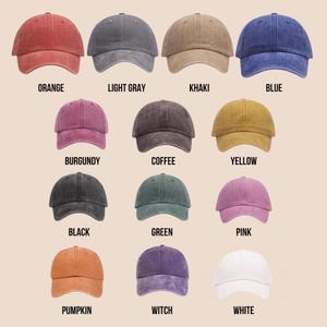 May include: A collection of fourteen baseball caps in various colors including orange, light gray, khaki, blue, burgundy, coffee, yellow, black, green, pink, pumpkin, witch, and white. Each cap features a curved brim and a structured crown.