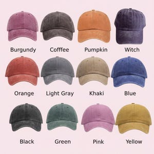 May include: A collection of twelve baseball caps in various colors, including burgundy, coffee, pumpkin, and blue. Each cap has a curved brim and a fabric strap closure. The caps are labeled with their respective colors.