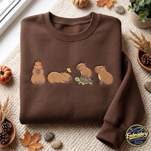 Broderad Capybara-tröja, söt Capybara-djurbroderad rund hals, djurtröja, sköldpaddsälskare-tröja, present till flickvän