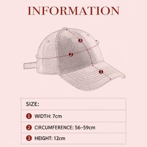 May include: A beige baseball cap with size information. The width is 2.75 inches, the circumference is 22-23.2 inches, and the height is 4.7 inches. The word "INFORMATION" is at the top.