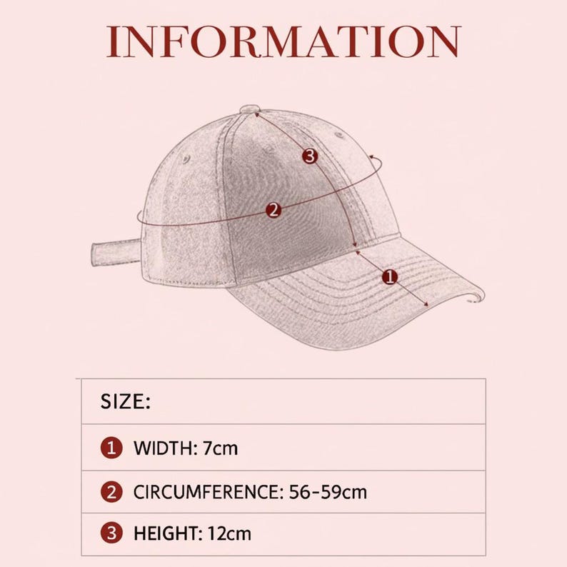 May include: A beige baseball cap with size information. The width is 2.75 inches, the circumference is 22-23.2 inches, and the height is 4.7 inches. The word "INFORMATION" is at the top.
