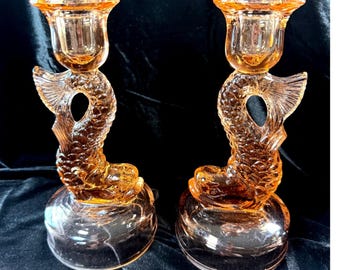 Pair Pink Depression Glass Koi Fish Dragon Candlestick Chinoiserie Coral Serpent