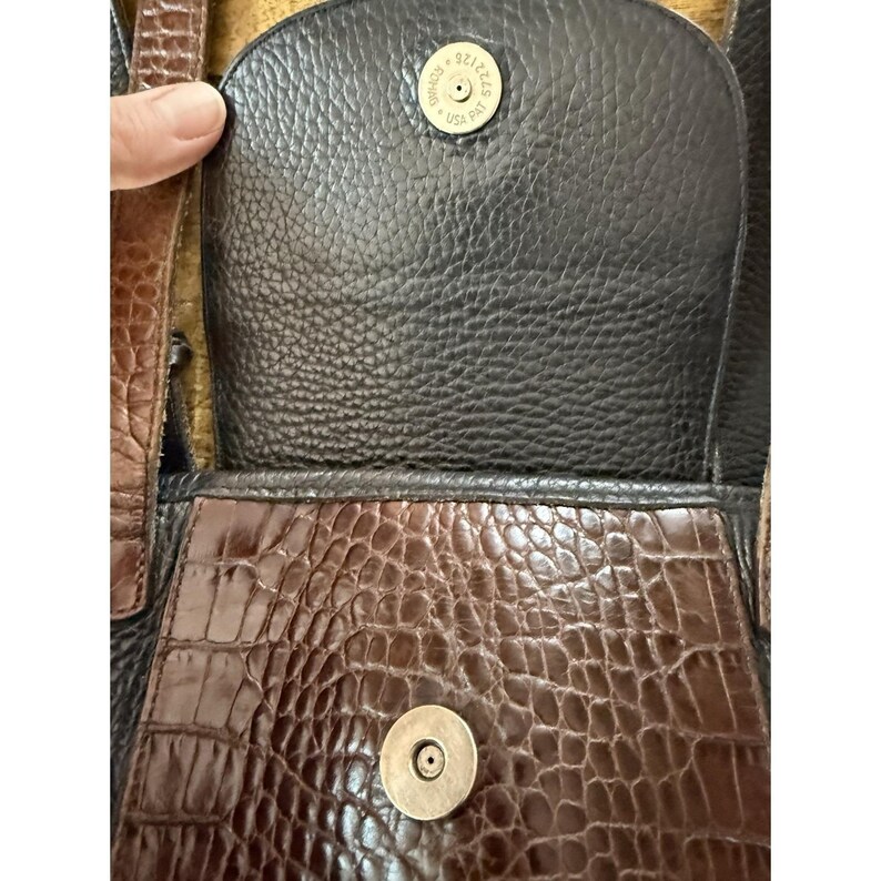 Vtg BRIGHTON - Black Brown Croc Embossed Leather Etched Silver Rod Bucket Bag EC image 6