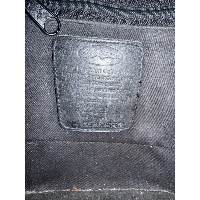 Vtg BRIGHTON - Black Brown Croc Embossed Leather Etched Silver Rod Bucket Bag EC image 9