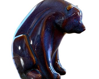 Scandinavian Vintage Blue Brown Drip Glaze Ceramic Bear Figurine Art Sculpture
