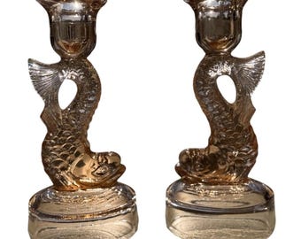 2 candelabros de cristal de la época de la Gran Depresión con forma de pez koi, serpiente y dragón de estilo chino.