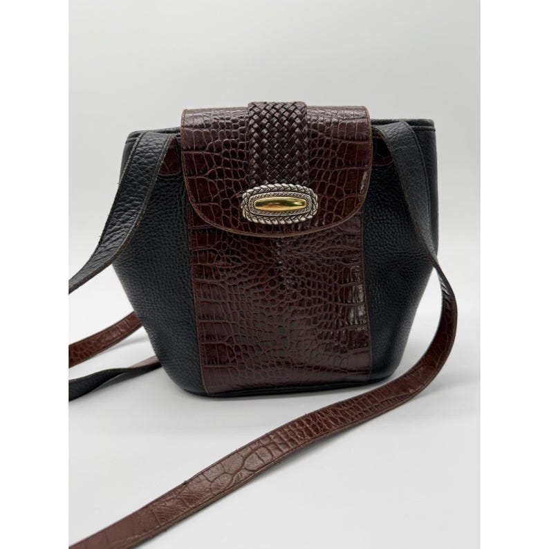 Vtg BRIGHTON - Black Brown Croc Embossed Leather Etched Silver Rod Bucket Bag EC image 11