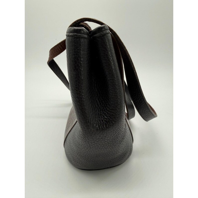 Vtg BRIGHTON - Black Brown Croc Embossed Leather Etched Silver Rod Bucket Bag EC image 12