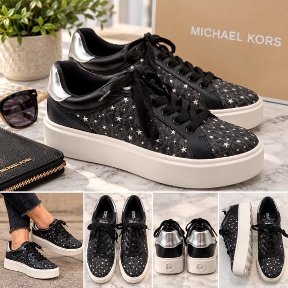 Michael Kors, Michael Kors Poppy Sneaker Womens 10 Black Excellent Star Platform Logo Lace Up