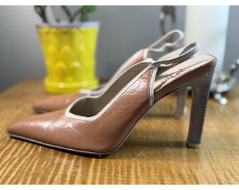 Vero Cuoio Saba Women's Vintage Sling Back Tan Leather Heels Made In Italy Great