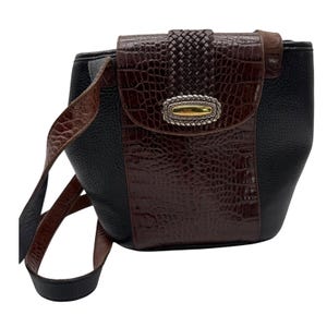 Vtg BRIGHTON - Black Brown Croc Embossed Leather Etched Silver Rod Bucket Bag EC image 2