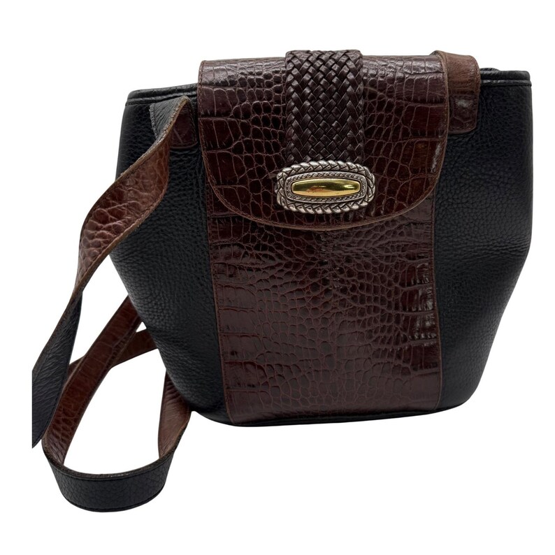 Vtg BRIGHTON - Black Brown Croc Embossed Leather Etched Silver Rod Bucket Bag EC image 2
