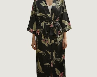 Accappatoio in seta Tommy Bahama da donna, taglia S, nero, eccellente, con stampa floreale tropicale, modello kimono.
