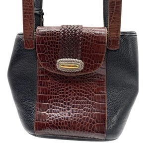 Vtg BRIGHTON - Black Brown Croc Embossed Leather Etched Silver Rod Bucket Bag EC image 1