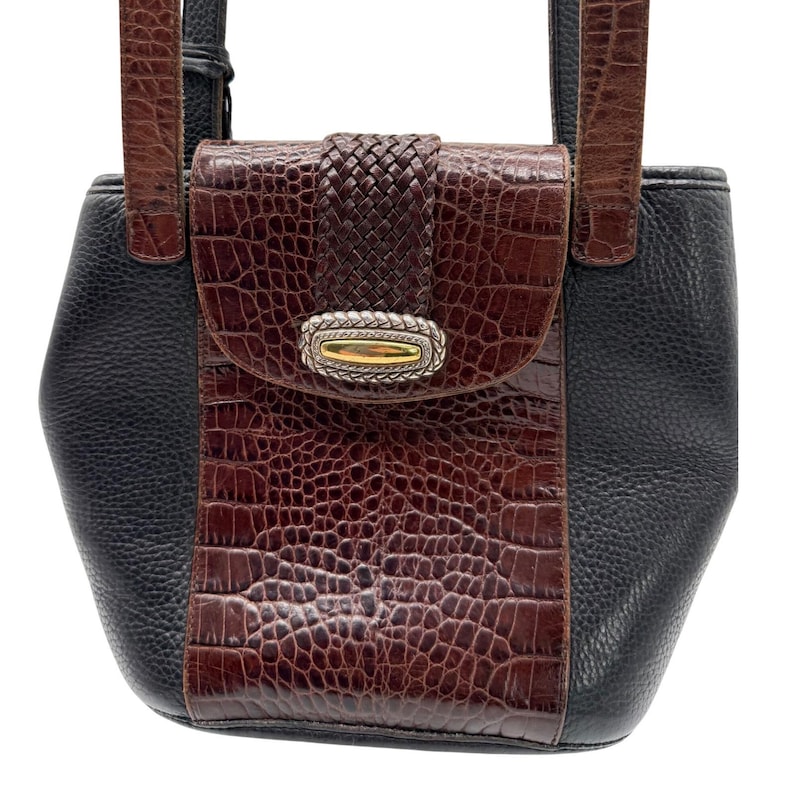 Vtg BRIGHTON - Black Brown Croc Embossed Leather Etched Silver Rod Bucket Bag EC image 1
