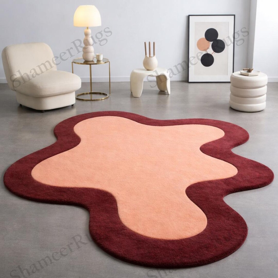 Peach Abstract Rug Hand Tufted Wool Area Rug: Peach Burgundy Abstract, Irregular Shape - Etsy