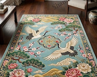 Tapete de lã tufado à mão com estampa de flor de guindaste azul celeste | Tapete oriental floral com desenho de jardim de peônias