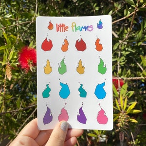 Little Flames (4x6 inch rainbow flame/fire waterproof and UV safe vinyl sticker sheet with matte finish)