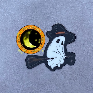 Witchy Ghost on Broom - Glow in the Dark Vinyl Stickers (3 inch waterproof and UV safe Halloween Spooky little spirit vinyl matte sticker)