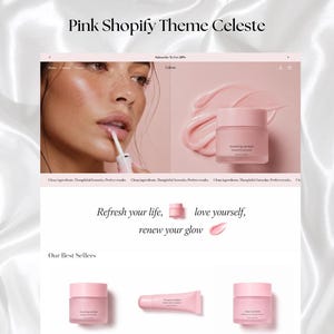 Könnte beinhalten: Ein Website-Layout mit dem Titel Pink Shopify Theme Celeste für eine Hautpflegemarke. Die Seite zeigt eine Person beim Auftragen von Lippenpflege, einen rosa Tiegel mit Lippenmaske und eine Produktübersicht mit drei verschiedenen Kosmetikartikeln.