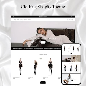 May include: A digital display of a Clothing Shopify Theme website layout featuring a hero section with a model in a long-sleeved dress, a best sellers product grid, and a mobile phone mockup showing the same site interface with navigation menus.