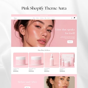 May include: A pink-themed website design for a beauty brand, featuring a model's face and product displays. The website includes the text "Glow that speaks for itself" and product names like "Aurora Face Cream" and "Aurora Night Cream."