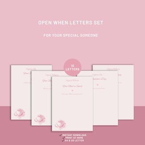 Peut inclure: Un ensemble de dix lettres "Open When" sur papier rose, avec un motif floral. Le texte comprend "Open When Letters Set" et "For Your Special Someone". Les lettres sont au format A4 et US Letter et sont téléchargeables instantanément.