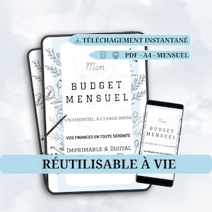 Peut inclure: Un planificateur budgétaire mensuel numérique affiché sur une tablette et un smartphone. Le planificateur présente des motifs floraux et le texte "Mon BUDGET MENSUEL" et "RÉUTILISABLE À VIE". Le design est imprimable et numérique.