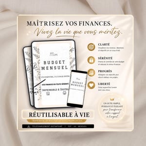 Peut inclure: Visuel d'un planificateur financier numérique avec le texte "Mon Budget Mensuel" sur une tablette et deux autres appareils. Le visuel comprend du texte en français, promouvant la clarté, la sérénité, le progrès et la liberté financière. Réutilisable.