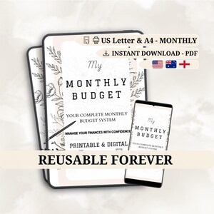 Peut inclure: Planificateur budgétaire mensuel numérique avec des motifs floraux. Le titre indique « My Monthly Budget » avec le texte « Your Complete Monthly Budget System ». Le planificateur est imprimable, numérique et réutilisable.
