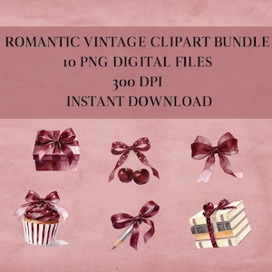 Pode incluir: Um pacote de clipart digital com um tema vintage romântico. A imagem apresenta ilustrações em aquarela de uma caixa de presente, cerejas, laços, um cupcake, um lápis e livros. O texto diz "Romantic Vintage Clipart Bundle" e "Instant Download."