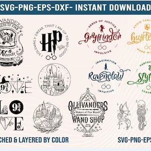 Puede incluir: Una colección de diseños digitales en blanco y negro. La imagen incluye escudos, logotipos e ilustraciones con texto como "Ollivanders", "Gryffindor" y "Ravenclaw". Los diseños están etiquetados como archivos SVG, PNG, EPS y DXF.