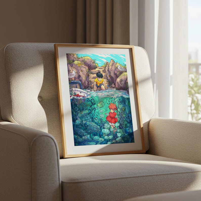 Ponyo (2008), póster ukiyo-e de Studio Ghibli, láminas de anime, láminas de películas retro vintage imagen 6