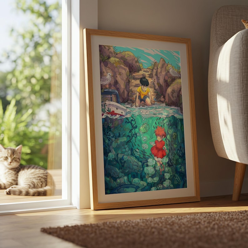 Ponyo (2008), póster ukiyo-e de Studio Ghibli, láminas de anime, láminas de películas retro vintage imagen 8