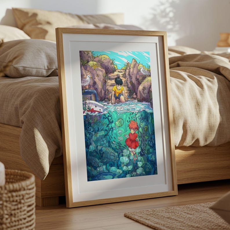 Ponyo (2008), póster ukiyo-e de Studio Ghibli, láminas de anime, láminas de películas retro vintage imagen 5