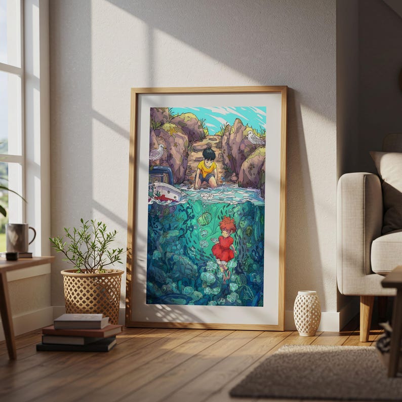 Ponyo (2008), póster ukiyo-e de Studio Ghibli, láminas de anime, láminas de películas retro vintage imagen 4