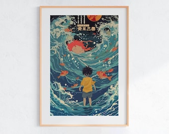 Ponyo (2008), poster Ukiyo-e dello Studio Ghibli, stampe artistiche di anime, stampe di film retrò vintage